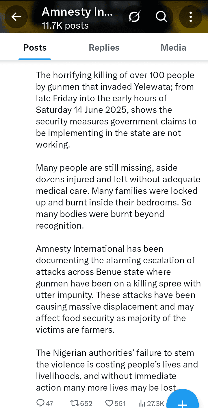 Amnesty International Reacts to Benue killings