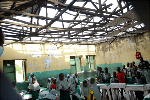Students inside a classroom with a shattered roof and seemingly unsafe building at Dei-dei LEA Pry School in FCT.