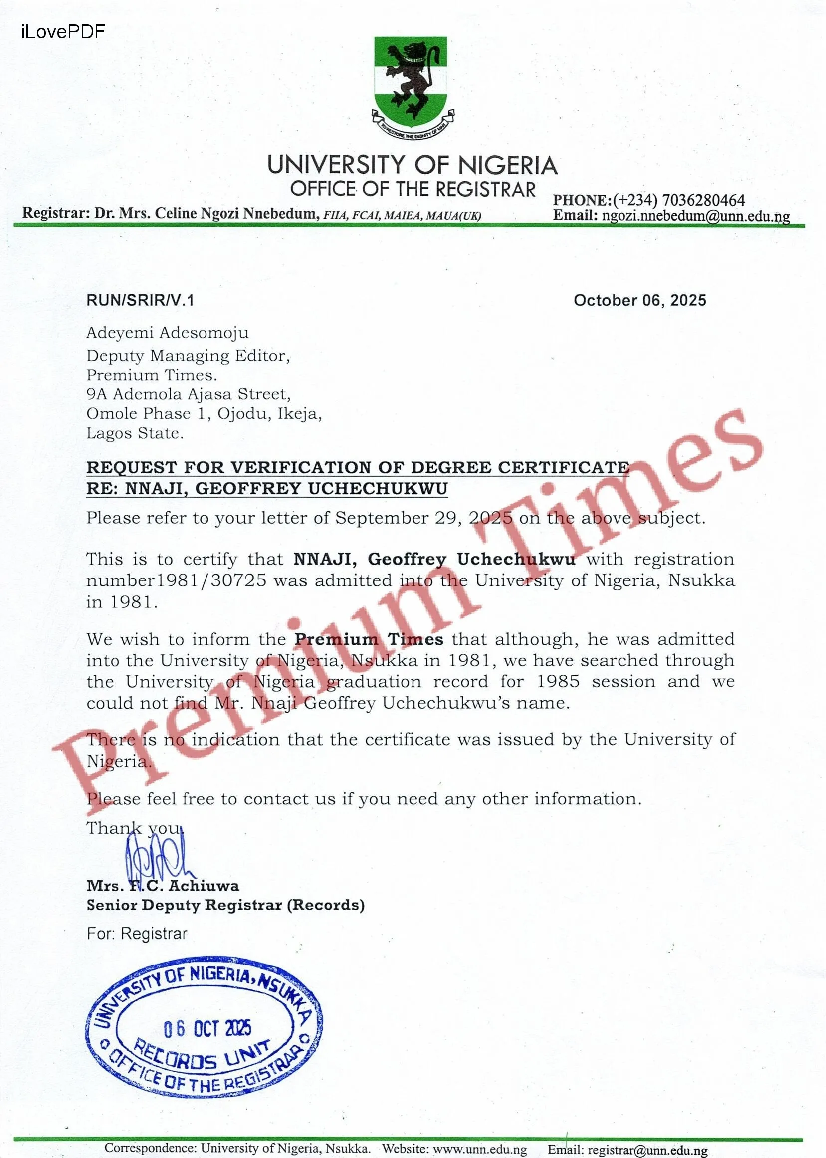 Alledged response from UNN, disowning Nnaji's Certificate