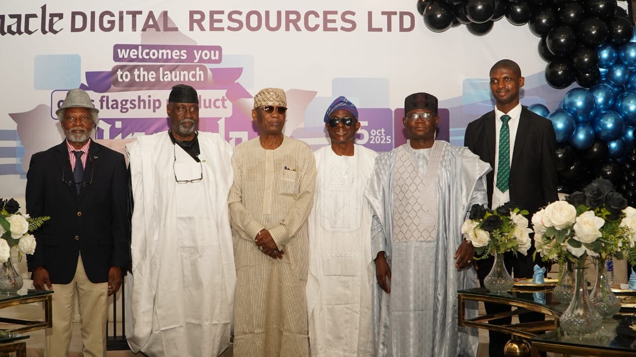L-R: Mr Oluwafisan Bankale, Chair, Board of Trustee, International Centre for Investigative Reporting; Farouq Aliyu, Chairman of Vento Furniture; Mr Abimbola Adeseyoju, Chairman of Pinnacle Digital Resources Limited; Ishaq Ajibola, Co-founder Daily Trust, and Mr Bobai Martins Magaji, COO Pinnacle Digital Resources during Pinnacle Daily Launch, Wednesday, October 15, 2025.