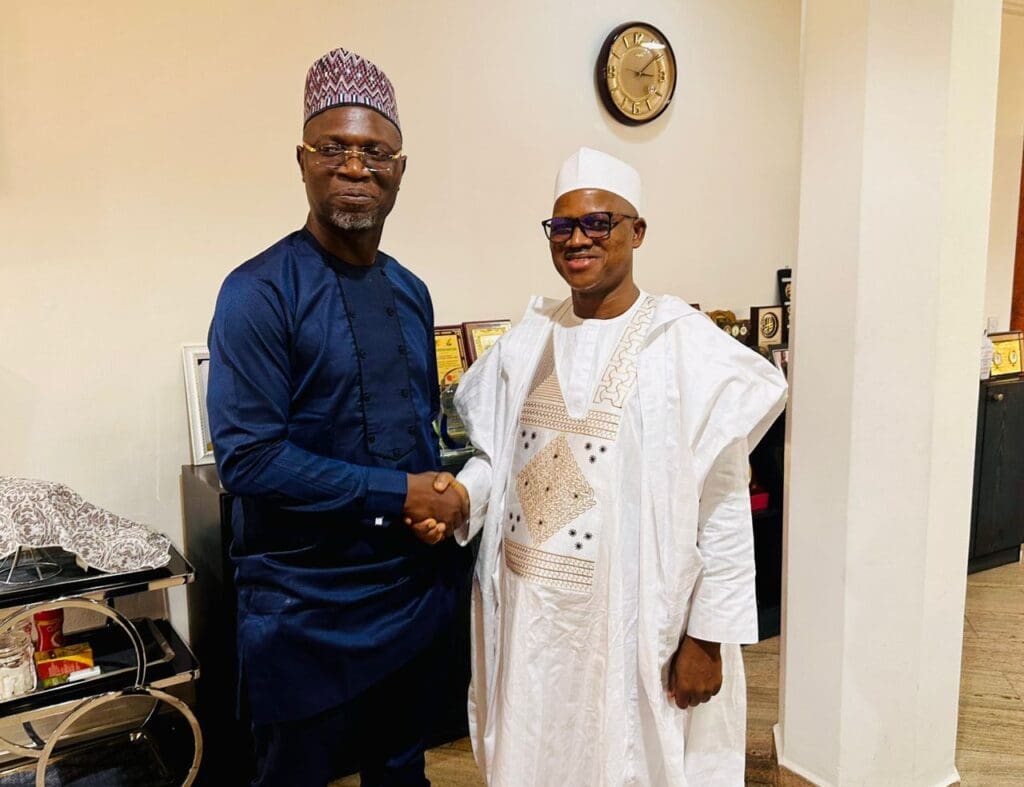 Left to Right:Director General, Securities and Exchange Commission (SEC), Dr Emomotimi Agama and Managing Director/Chief Executive Officer of the Federal Mortgage Bank of Nigeria (FMBN), Shehu Usman Osidi, during a meeting in Abuja, Friday, November 14, 2025.