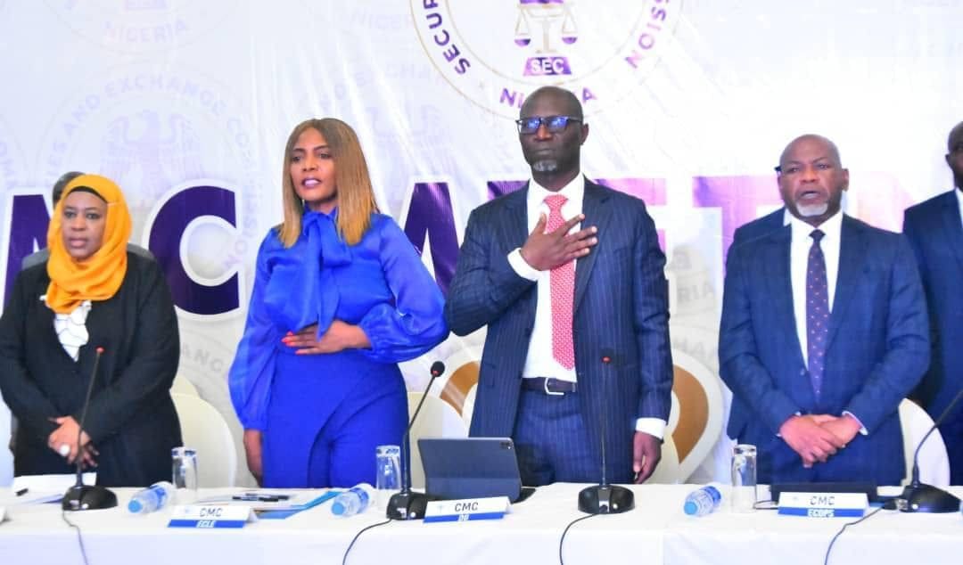 From left; Executive Commissioner, Corporate Services, SEC; Mrs Samiya Hassan Usman; Executive Commissioner, Legal & Enforcement, SEC, Frana Chukwuogor; Director General of the Securities and Exchange Commission (SEC)Emomotimi Agama; Executive Commissioner (Operations) Securities & Exchange Commission; and Bola Ajomale at the SEC CMC meeting in Lagos