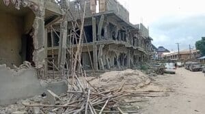 Dangling pillars after the demolition at the ASPAMDA section of the market