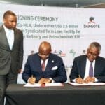 President and Chairman of the Board of Director, Afreximbank, Dr George Elombi, with President, Dangote Industries Limited, Aliko Dangote, during the signing ceremony of the syndicated term loan facility for Dangote Petroleum Refinery & Petrochemicals in Cairo, Egypt