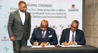 President and Chairman of the Board of Director, Afreximbank, Dr George Elombi, with President, Dangote Industries Limited, Aliko Dangote, during the signing ceremony of the syndicated term loan facility for Dangote Petroleum Refinery & Petrochemicals in Cairo, Egypt