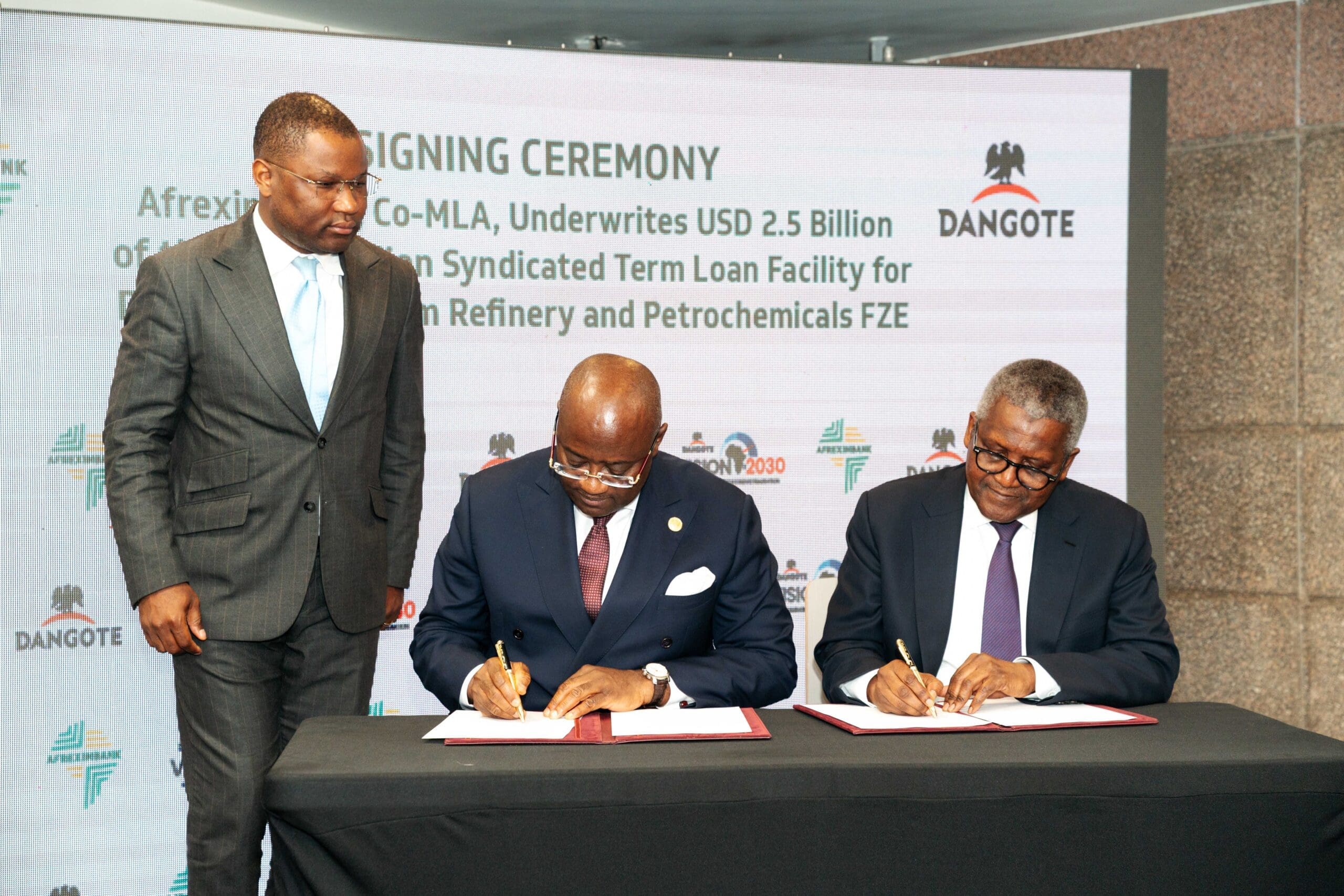 President and Chairman of the Board of Director, Afreximbank, Dr George Elombi, with President, Dangote Industries Limited, Aliko Dangote, during the signing ceremony of the syndicated term loan facility for Dangote Petroleum Refinery & Petrochemicals in Cairo, Egypt