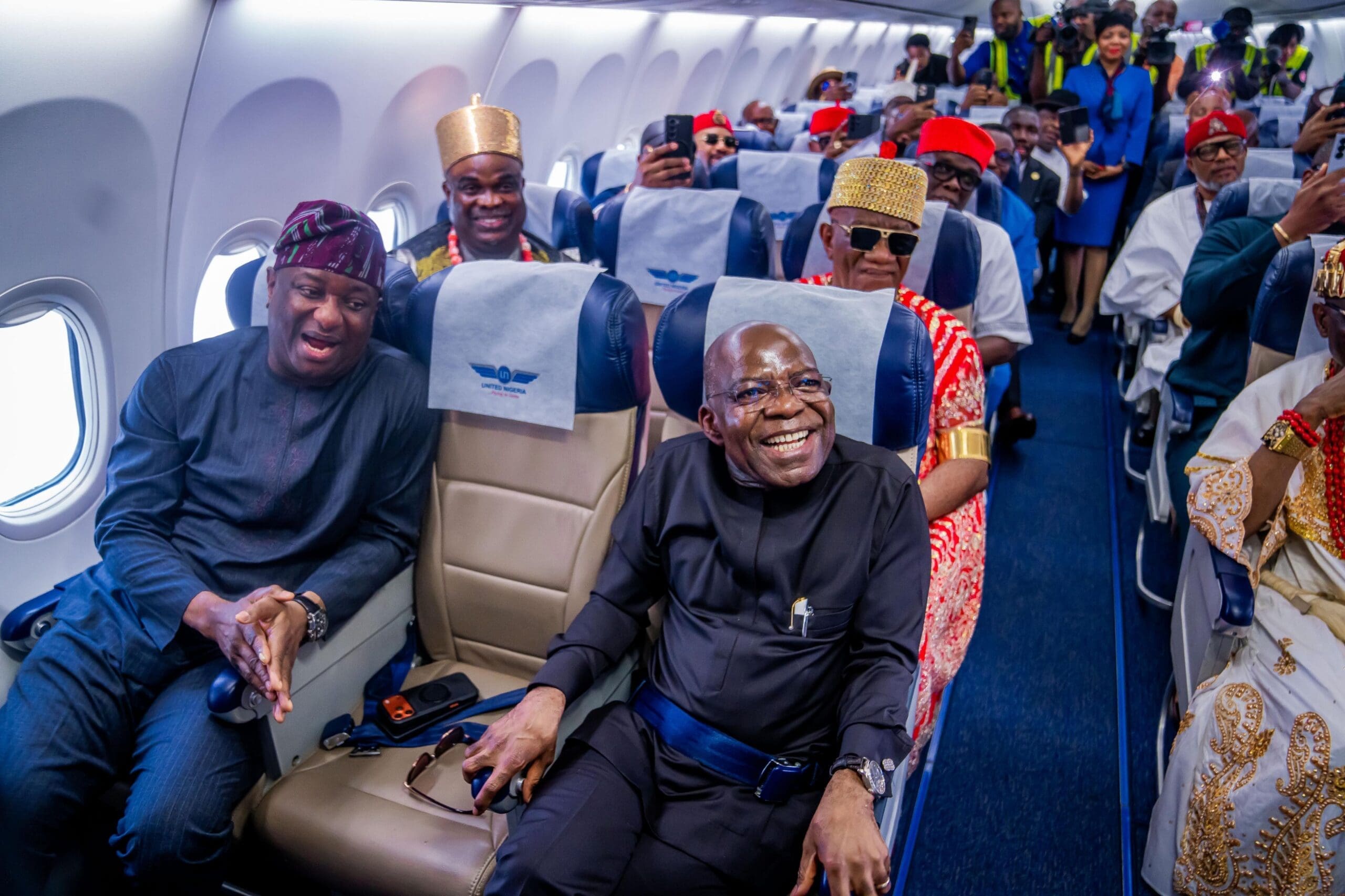 Minister of Aviation and Aerospace Development, Fesus Keyamo, Abia State Governor, Dr Alex Otti and other dignitaries inside United Nigeria Airlines aircraft during launch in Lagos on Thursday, June 18, 2026, Photo Credit: Alex Otti X handle United Nigeria Airlines Unveils 2 New Aircraft, Names after Chinua Achebe, Obi of Onitsha
